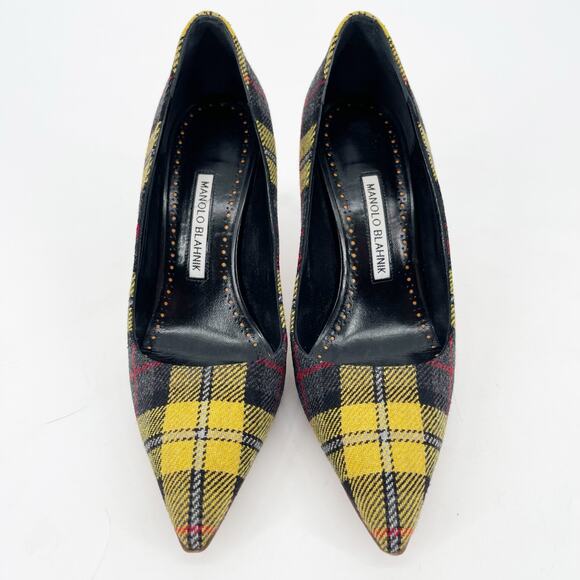 Manolo Blahnik BB Yellow Tartan Plaid Wool Pointed Toe Stiletto Pumps IT 39 - Picture 5 of 10